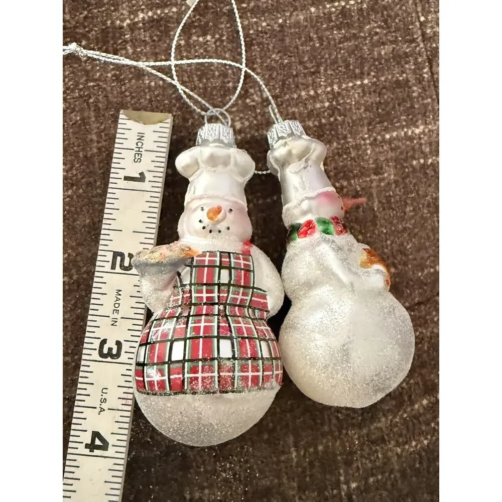 Set of 2 Williams Sonoma Blown Glass Snowman Chef Christmas Ornaments